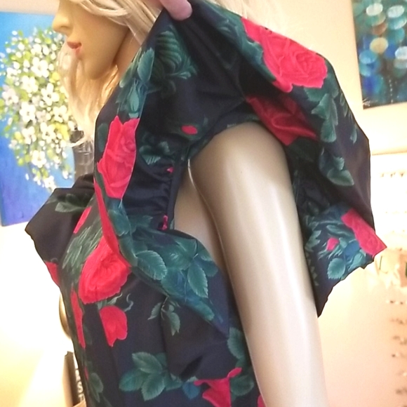 80's MORTON MYLES Red a Roses Ruffles Green BG Holiday Party Festive Midi Dress - Picture 13 of 16